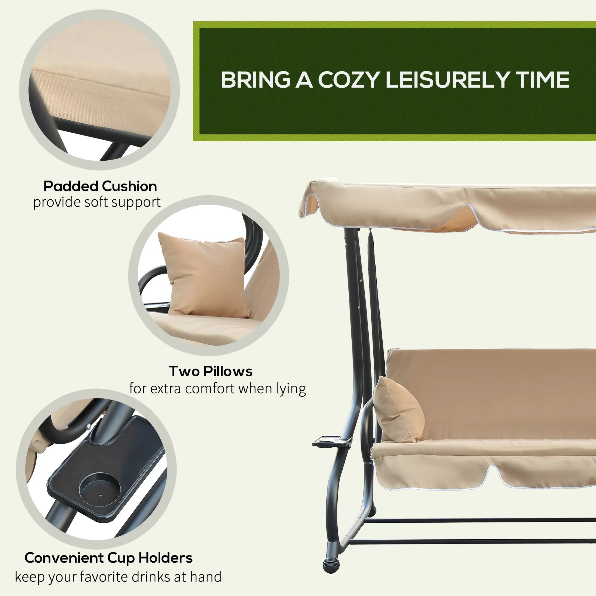 3-Seat Outdoor Swing Chair, Convertible Flat Bed, Adjustable Canopy, Beige Patio Swings with Stand at Gallery Canada
