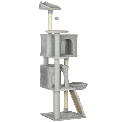 63 Inch Cat Tree, Sisal Scratching Posts, Condos, Plush Perches, Hammock, Ladder, Dangling Balls, Light Grey