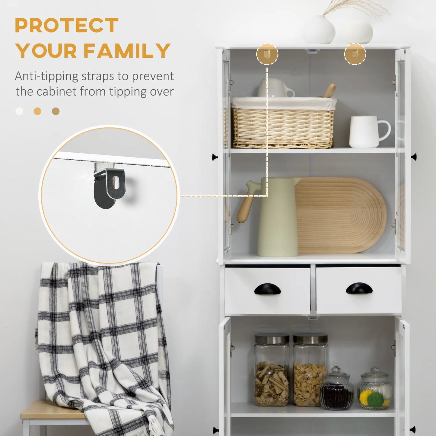 61" Kitchen Pantry Cabinet, Freestanding Farmhouse Style, White Kitchen Pantry Cabinets at Gallery Canada