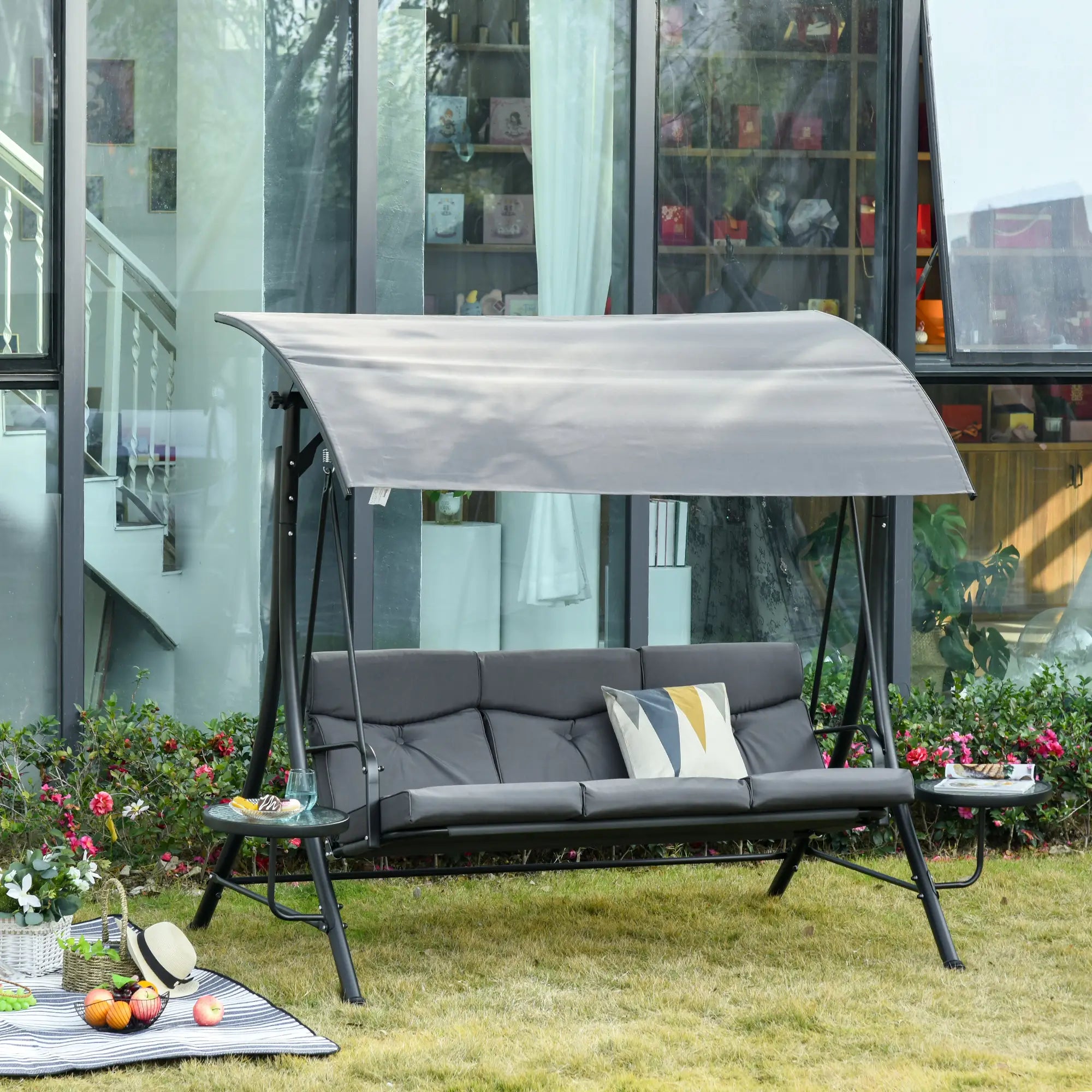 3 Seat Outdoor Swing Chair Steel Bench with Adjustable Canopy, Dark Grey Patio Swings with Stand at Gallery Canada