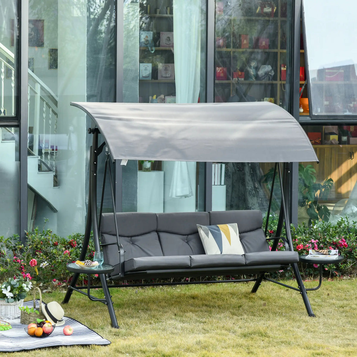 3 Seat Outdoor Swing Chair Steel Bench with Adjustable Canopy, Dark Grey Patio Swings with Stand at Gallery Canada