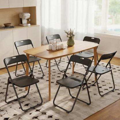 Folding Chairs 6 Pack, Black Plastic With Steel Frame, Black