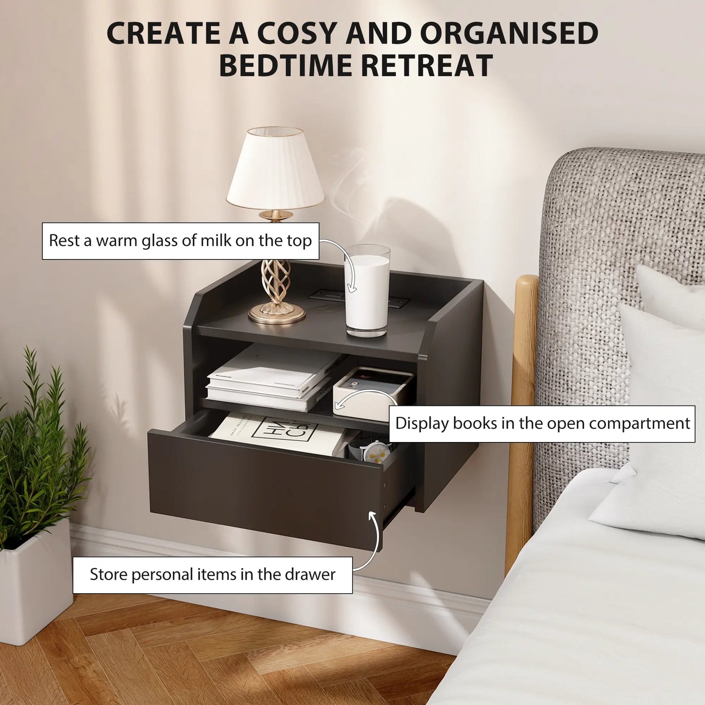 Wall Mounted Bedside Table, Set of 2 with Charging Station, Black Bedside Tables at Gallery Canada