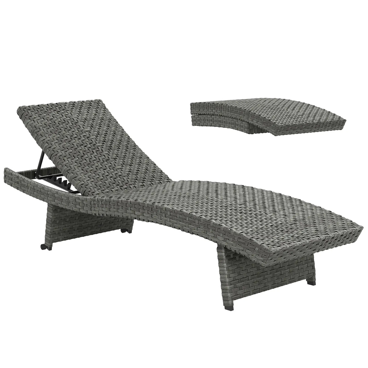 Folding Wicker Outdoor Chaise Lounge, 4-Level Adjustable Backrest, Grey Wicker Chaise Loungers at Gallery Canada