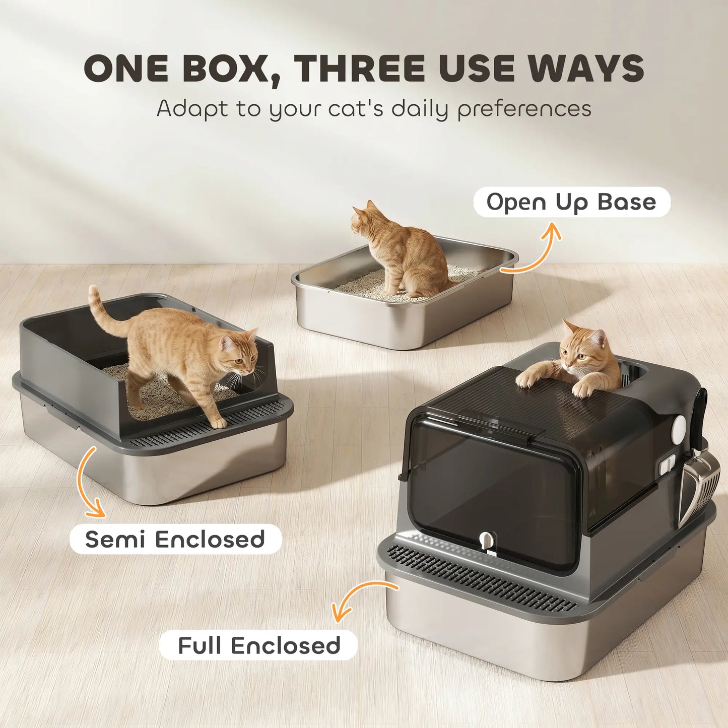 Bac à litière pour chat en acier inoxydable XXL, fermé, côtés hauts, noir