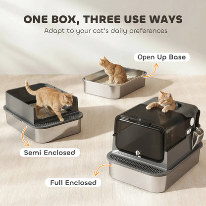 Bac à litière pour chat en acier inoxydable XXL, fermé, côtés hauts, noir