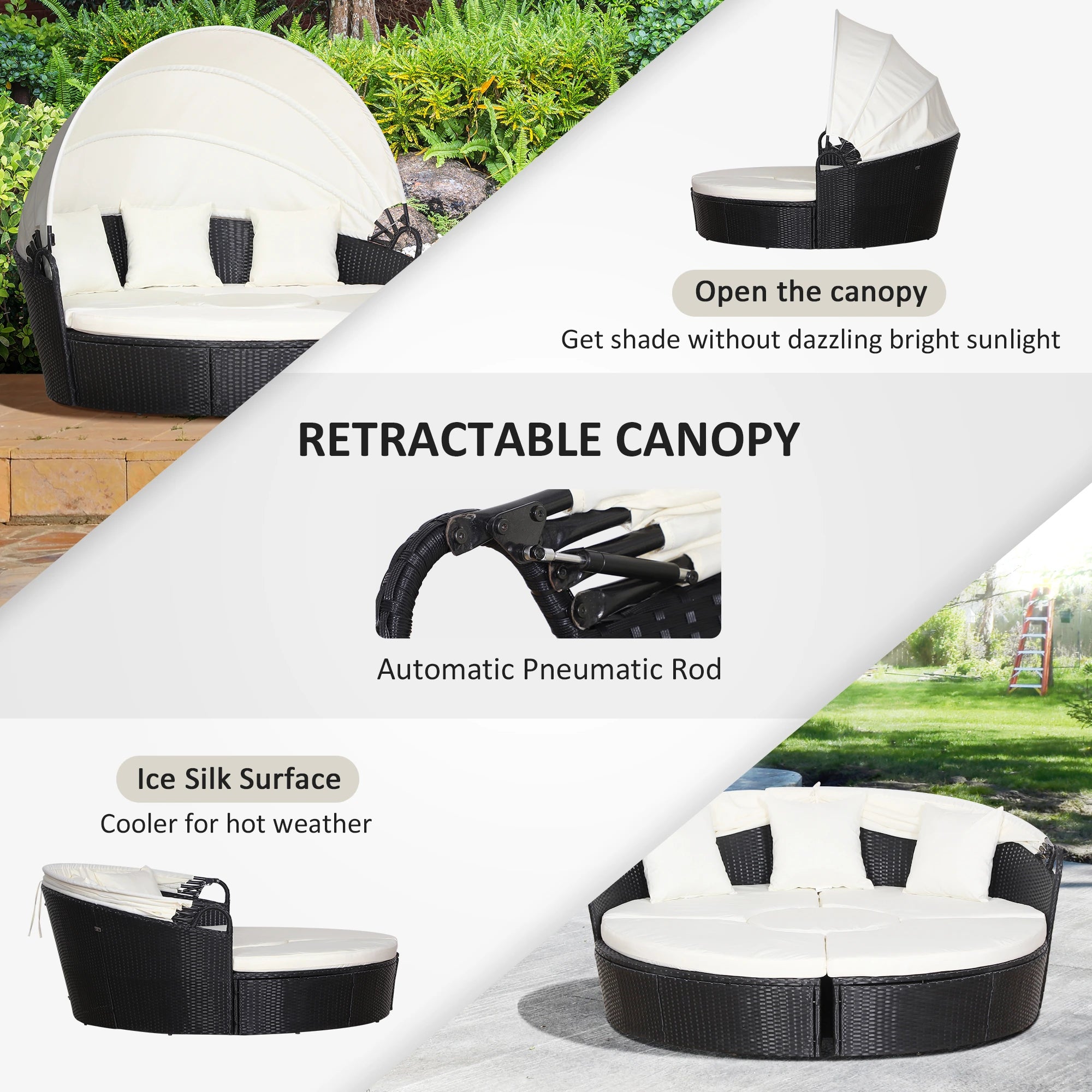 Outdoor Daybed with Canopy, PE Rattan Wicker Round Sofa, Patio Set with Cushions, Cream White Daybeds at Gallery Canada