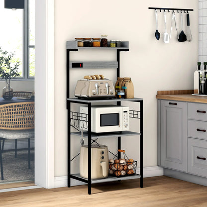 Kitchen Baker's Rack with Power Outlet, Adjustable Shelves, Distressed Grey, Grey Bar Cabinets at Gallery Canada