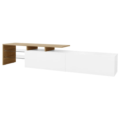 TV Stand With Glass Shelves, LED Lighting, 67" L x 13" W x 13" H, Natural, White TV Stands at Gallery Canada