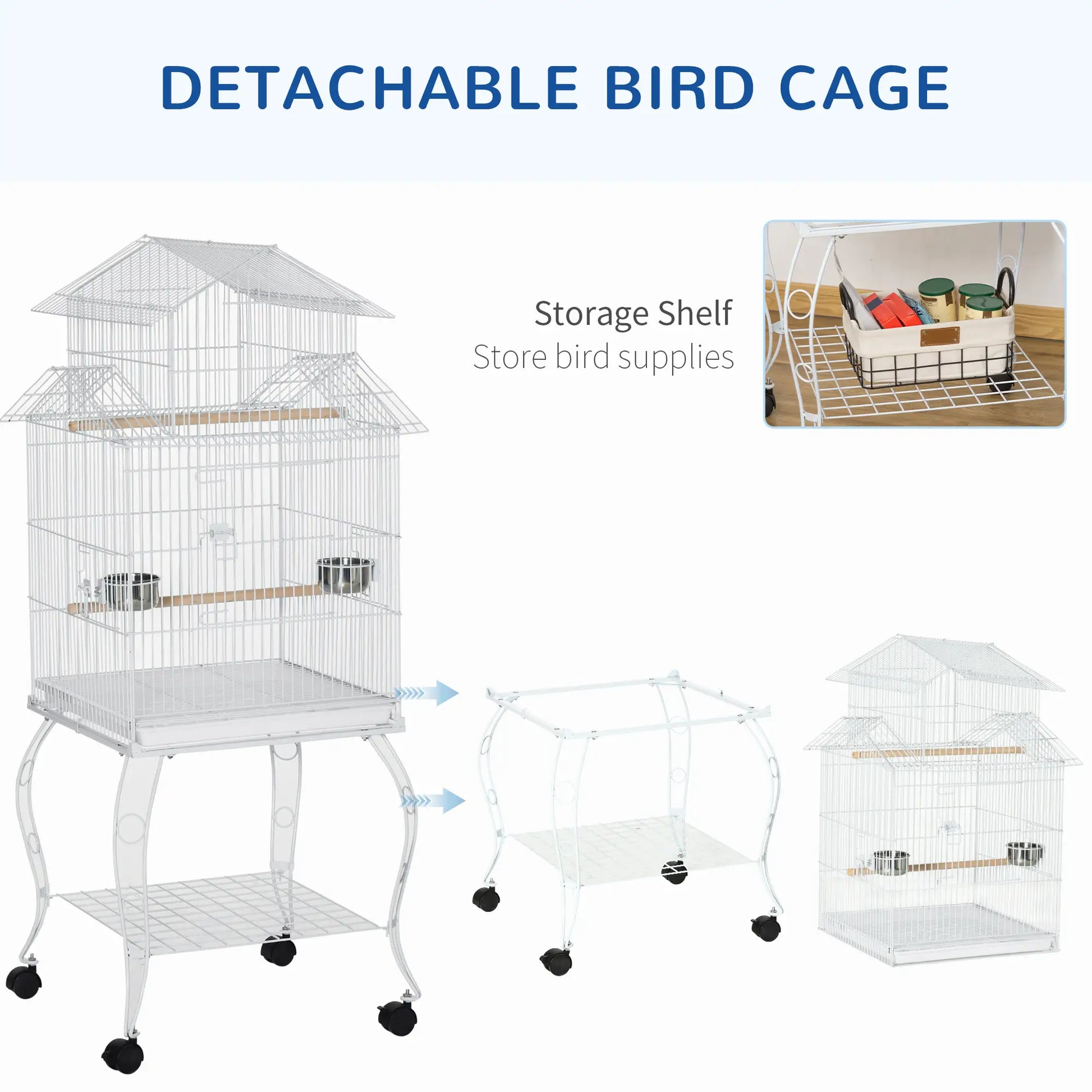 53.9'' Large Rolling Bird Cage with Stand, Shelf, Perch, White Bird Cages at Gallery Canada