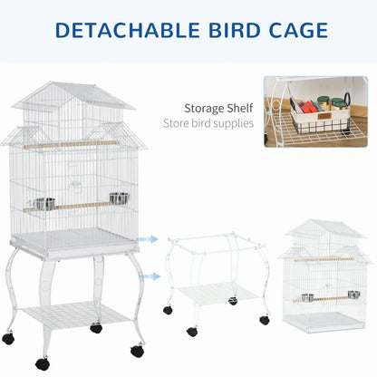 53.9'' Large Rolling Bird Cage with Stand, Shelf, Perch, White Bird Cages at Gallery Canada