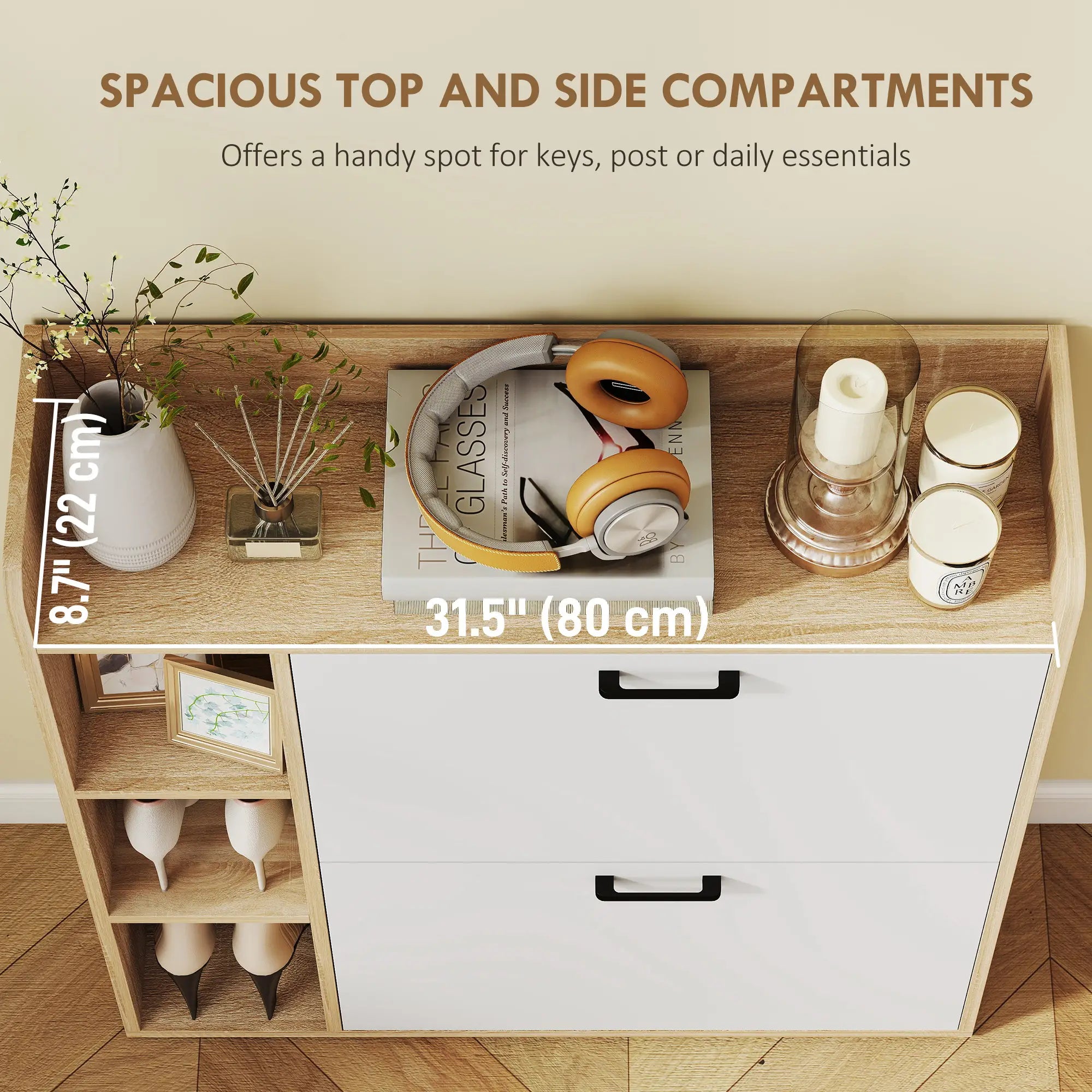 Shoe Cabinet with 2 Flip Drawers, 3 Side Compartments, Adjustable Shelves, 8-12 Pairs for Entryway Hallway, Natural Shoe Storage Cabinets & Racks at Gallery Canada