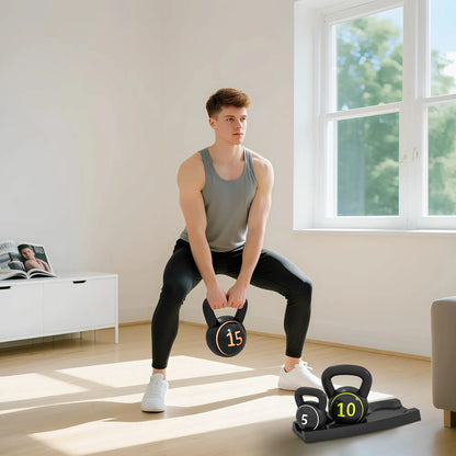 Three-Piece Kettlebell Set, 5lbs, 10lbs, 15lbs, with Stand Strength Training Equipment at Gallery Canada