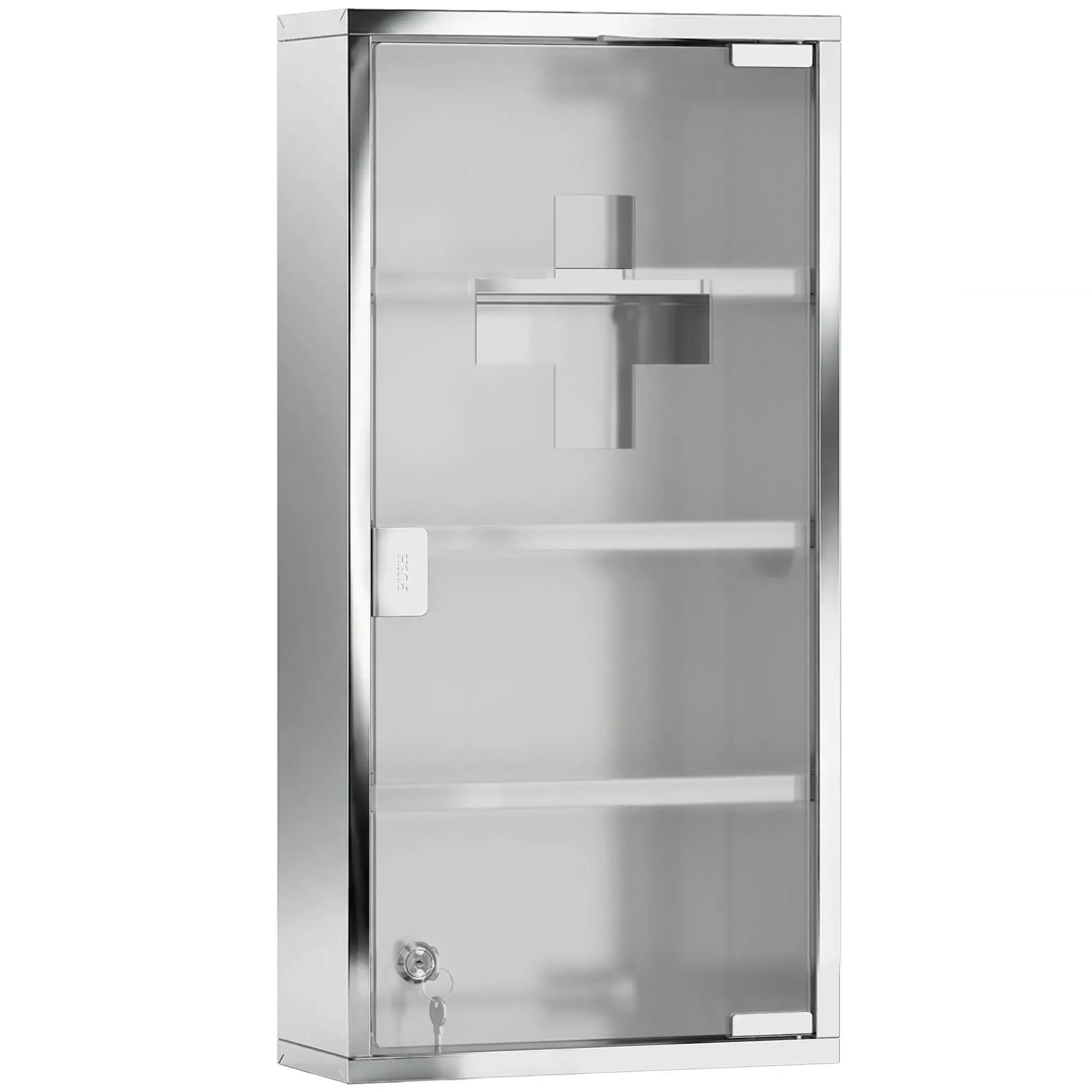 Wall Mount Medicine Cabinet, 4 Tier Shelves, Stainless Steel Frame, Glass Door, Lockable, 12