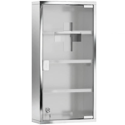 Wall Mount Medicine Cabinet, 4 Tier Shelves, Stainless Steel Frame, Glass Door, Lockable, 12" x 23.5", Silver Mirror Medicine Cabinets at Gallery Canada