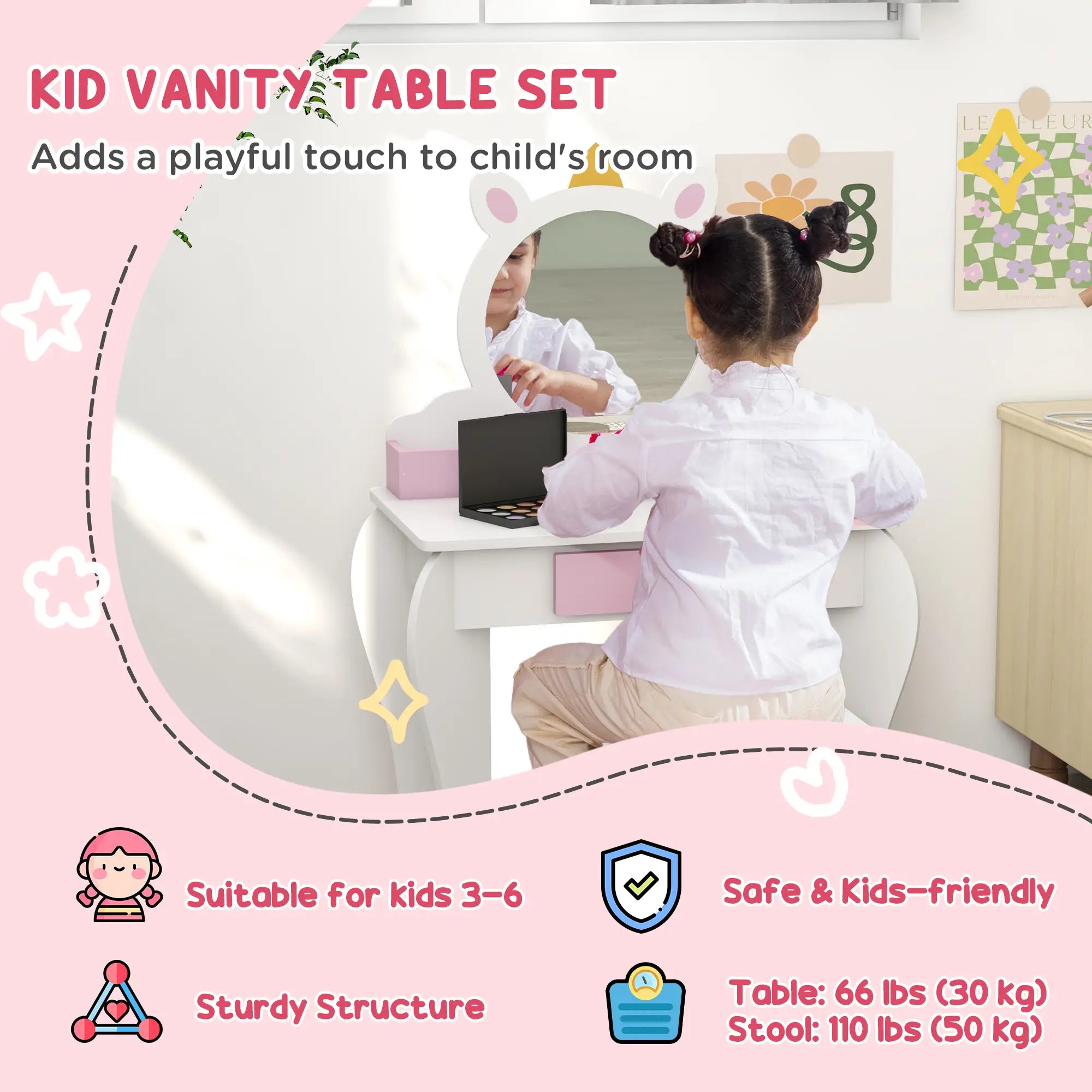 Kids Makeup Vanity Set with Stool, Mirror, Drawer, Unicorn Design, White Toy Vanity at Gallery Canada