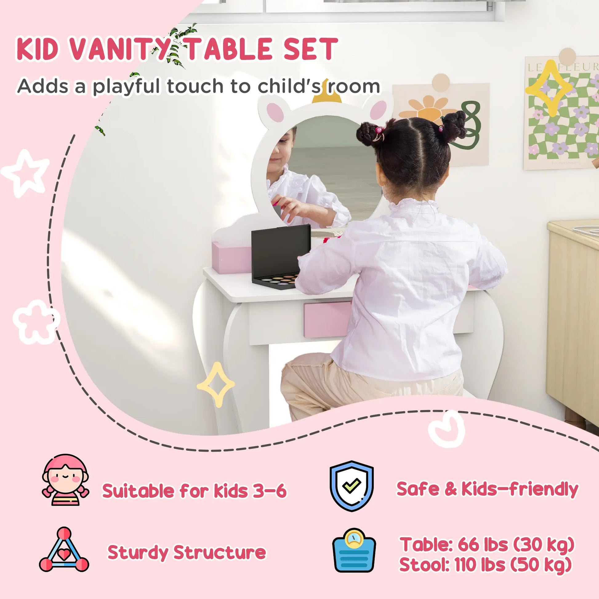 Kids Makeup Vanity Set with Stool, Mirror, Drawer, Unicorn Design, White Toy Vanity at Gallery Canada