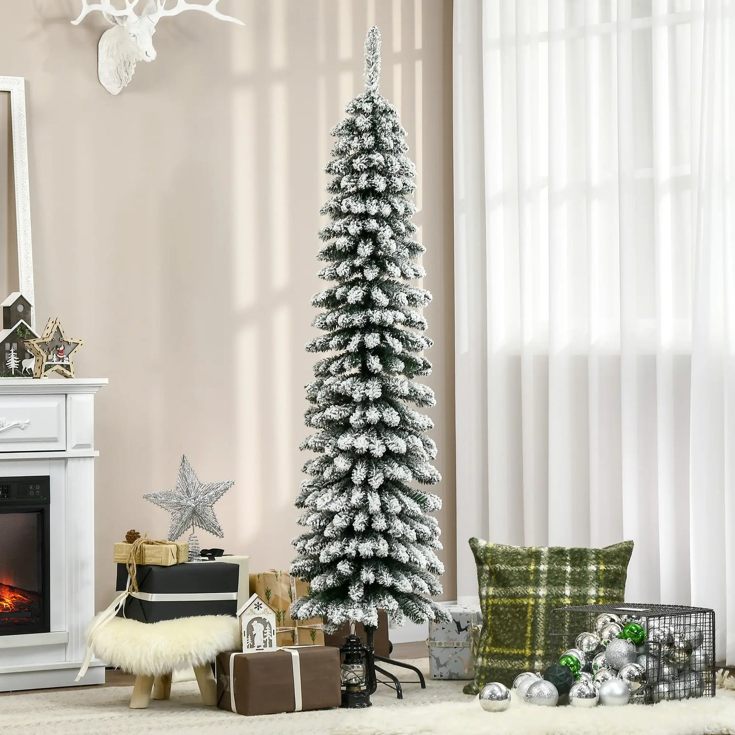 6 Ft Snow-Flocked Artificial Christmas Tree, Slim Pencil, Metal Base, Green Artificial Christmas Trees at Gallery Canada
