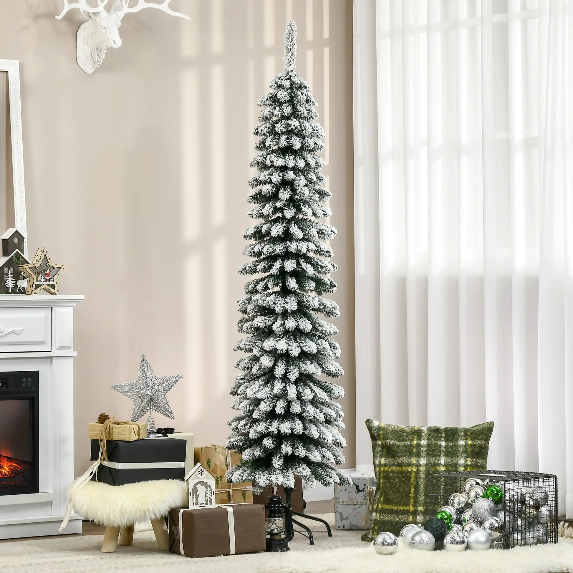 6 Ft Snow-Flocked Artificial Christmas Tree, Slim Pencil, Metal Base, Green Artificial Christmas Trees at Gallery Canada