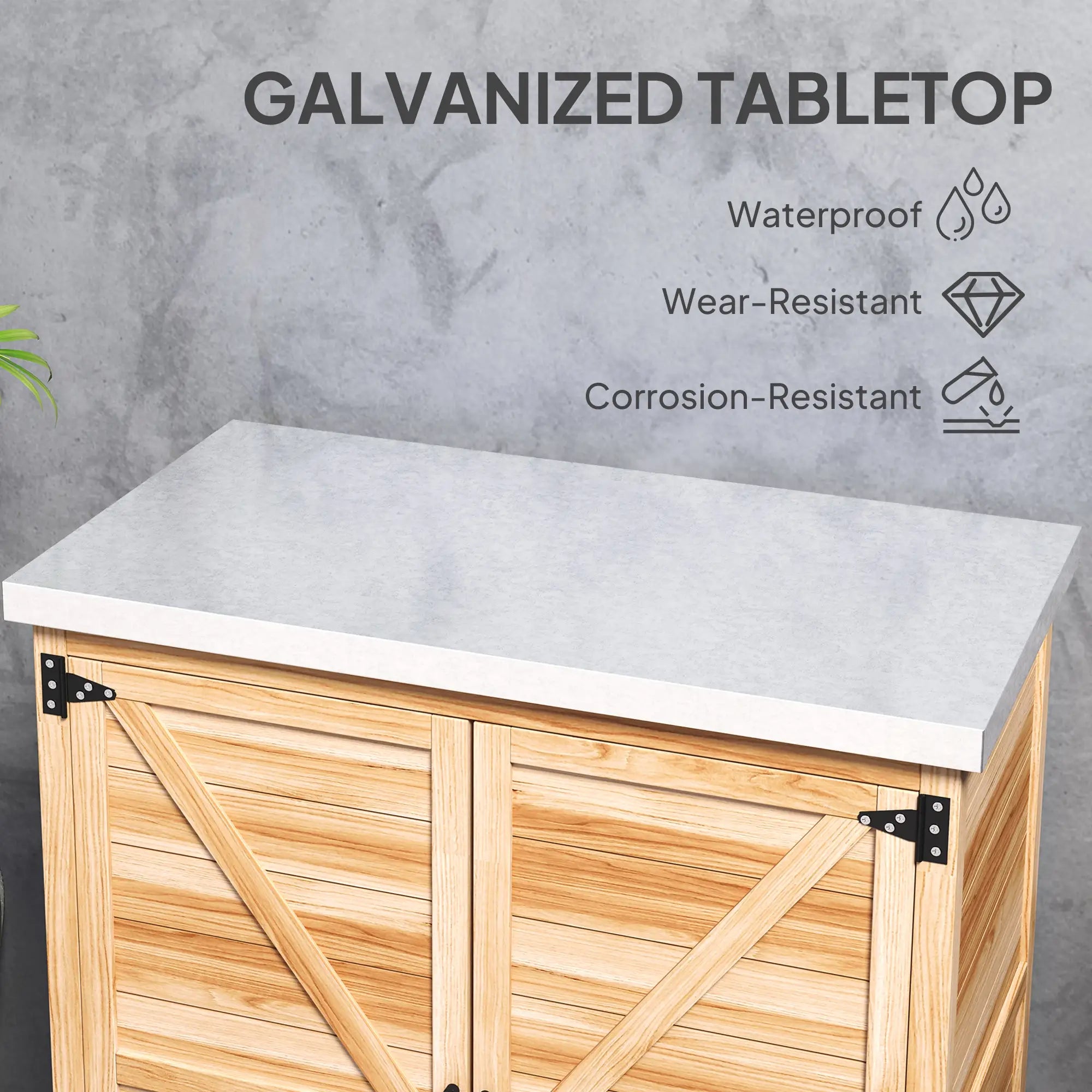 Outdoor Potting Bench Table, Metal Tabletop, Shelf, Double Doors, Natural Sheds at Gallery Canada