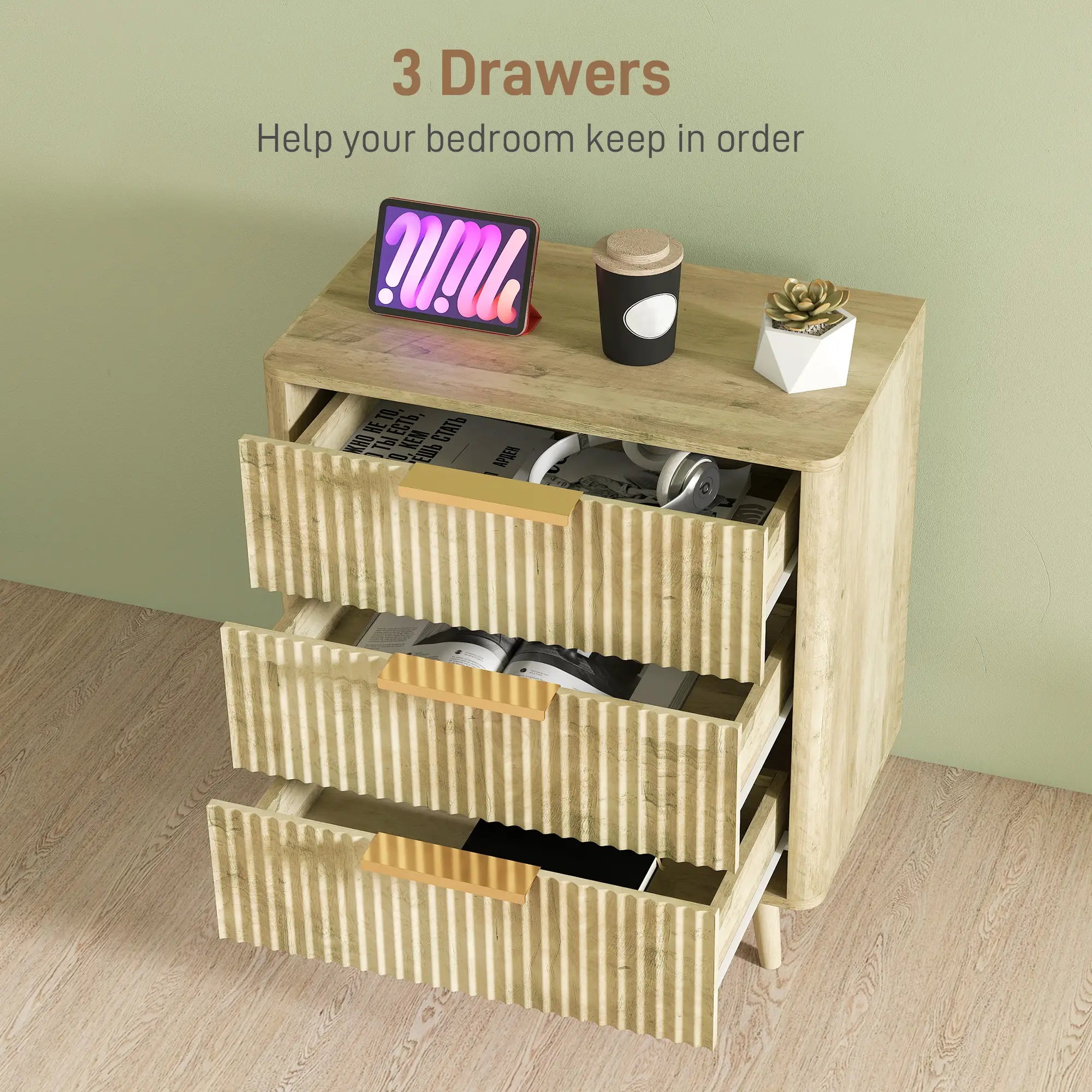 Fluted Chest of Drawers, Modern 3 Drawer Dresser with Pine Wood Legs, Oak Storage Cabinets at Gallery Canada