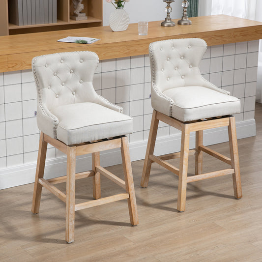 Bar Height Bar Stools Set of 2, 180° Swivel Kitchen Stools, Upholstered Nailhead-Trim Bar Chair, 30" Seat Height with Rubber Wood Legs, Beige - Gallery Canada