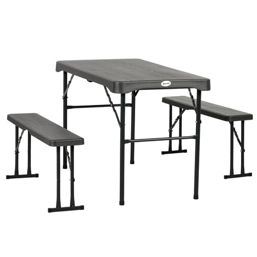 Folding Picnic Table With 2 Benches, 3-Piece Set for 4, Dark Grey