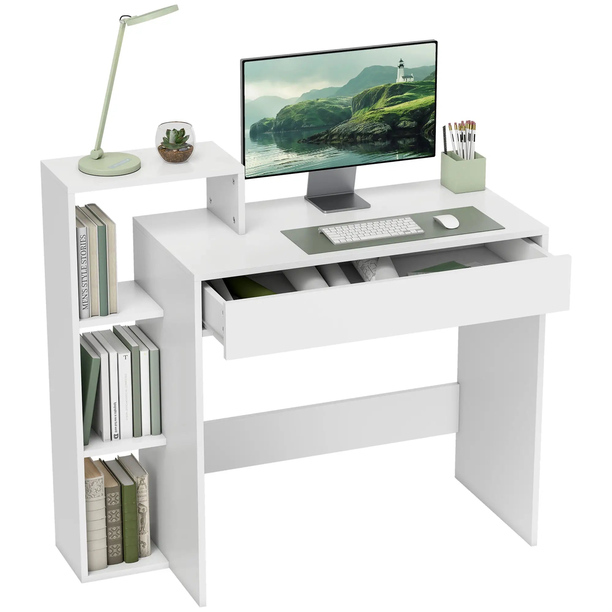 Computer Desk With Storage, 3 Open Shelves And Drawer, White Writing Desks White at Gallery Canada