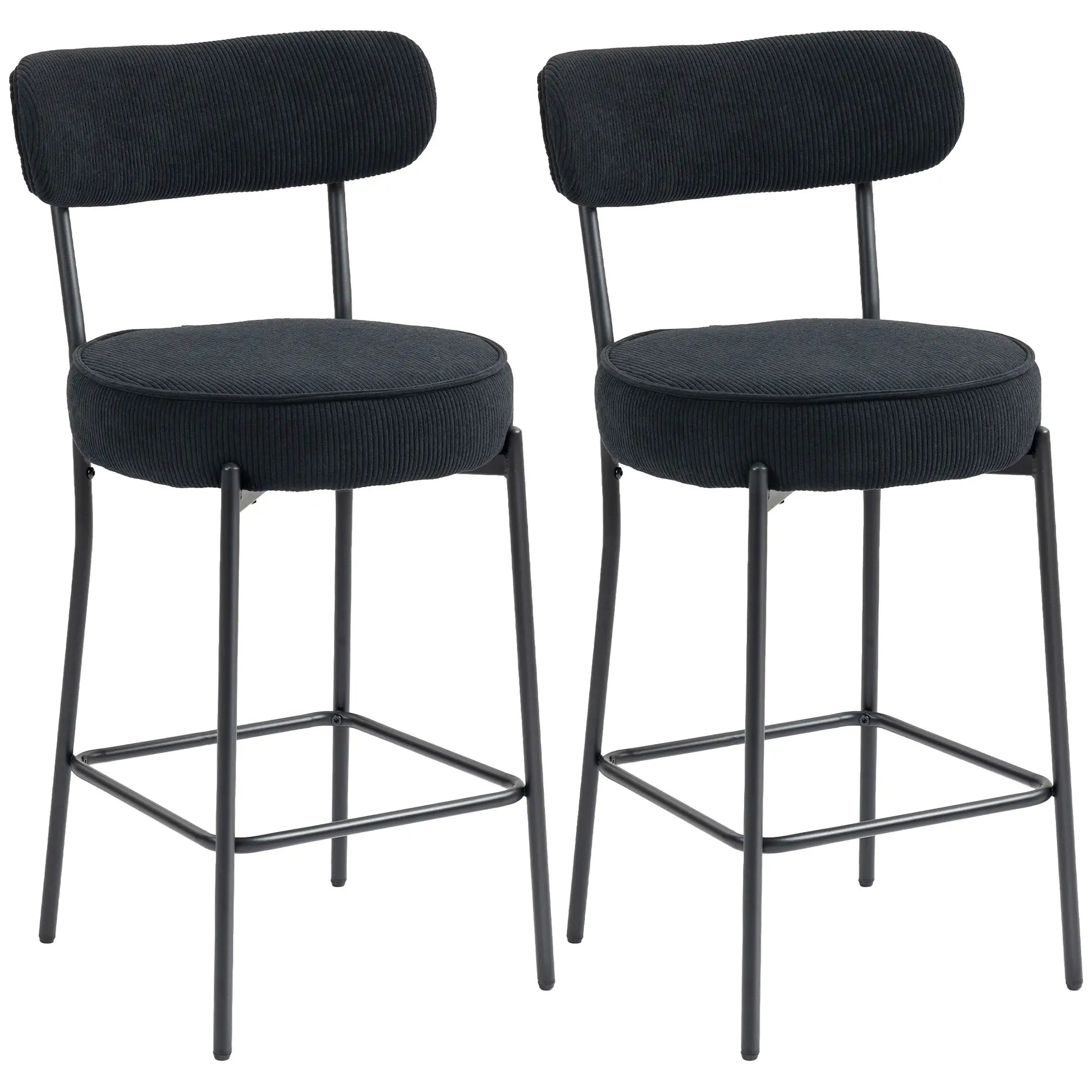 Set of 2 Barstools, Upholstered Corduroy, Backrest, Footrest, Black Bar Stools at Gallery Canada