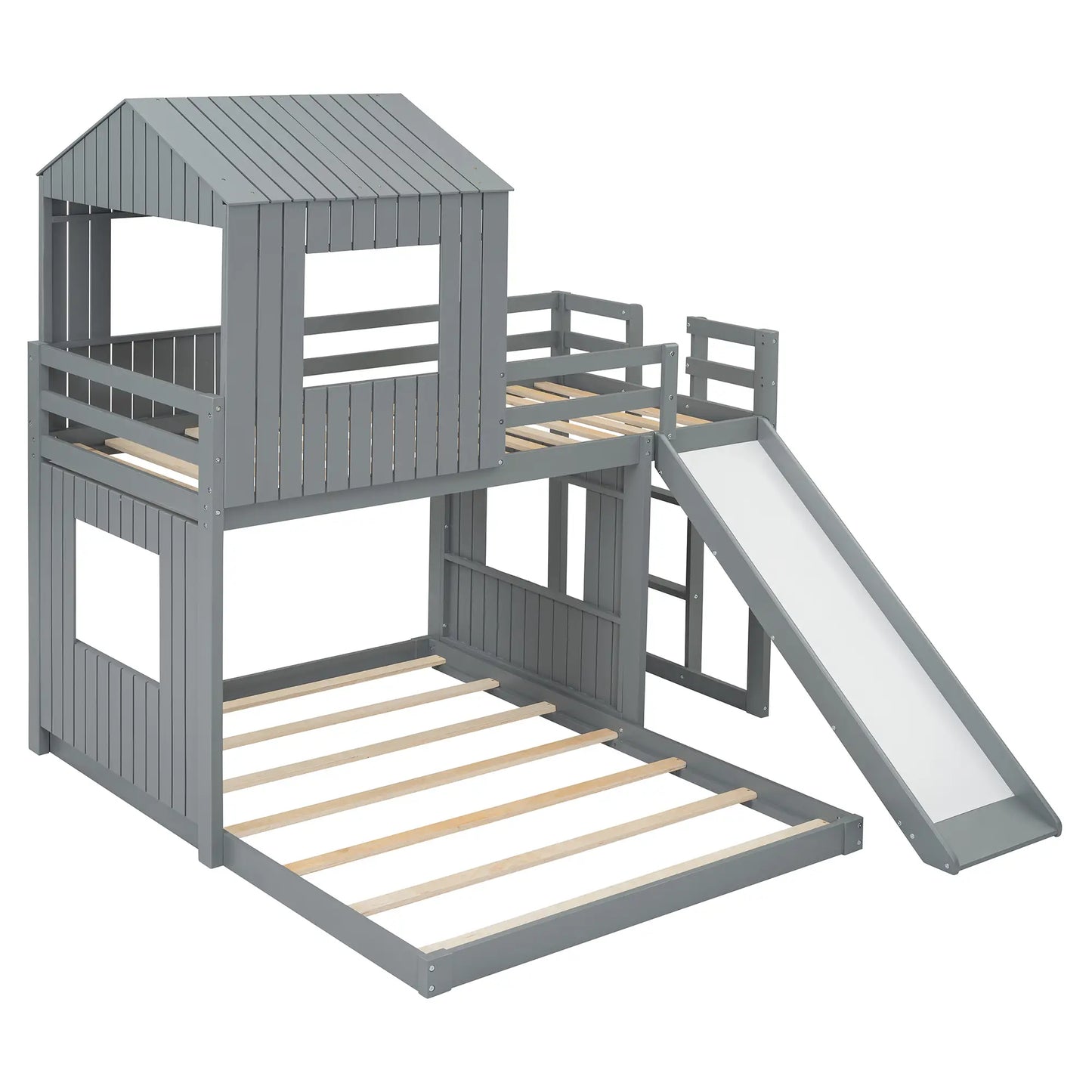 Twin Over Full Bunk Bed with Playhouse, Ladder, Slide, Guardrails, 82" L x 89" W x 82.5" H, Grey Bed Frames at Gallery Canada