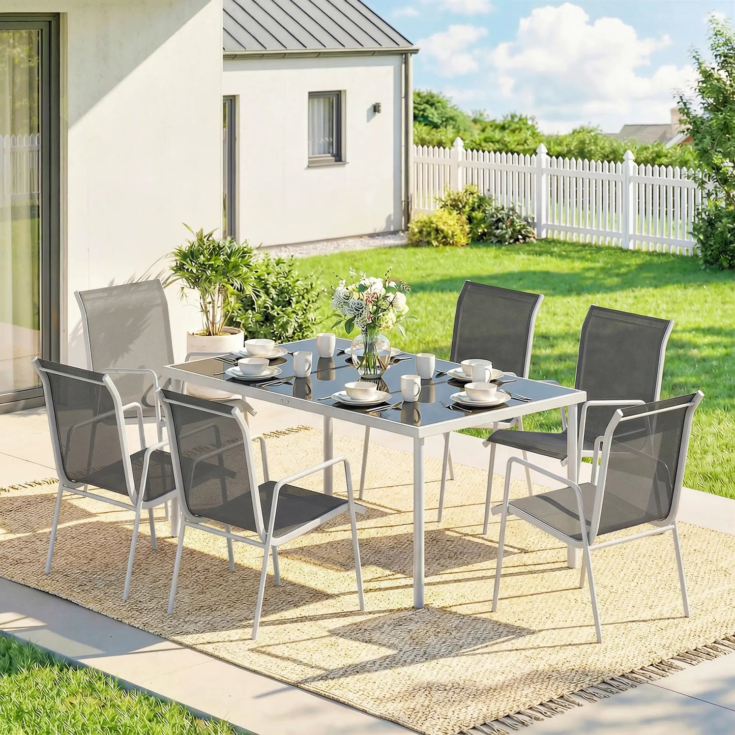 7 Piece Garden Dining Set, Rectangle Table, 6 Stackable Chairs Outdoor Dining Sets at Gallery Canada