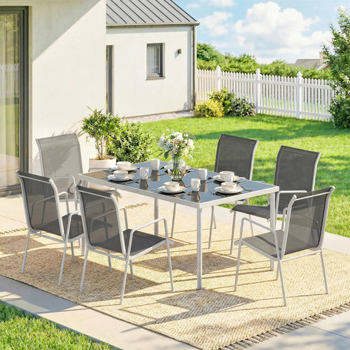 7 Piece Garden Dining Set, Rectangle Table, 6 Stackable Chairs
