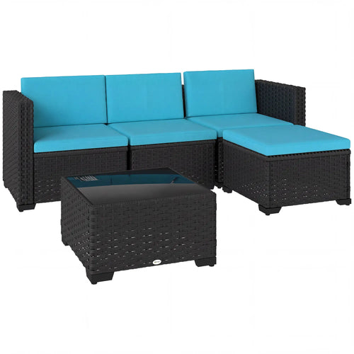 5 Piece Patio Furniture Set, L-Shape Wicker Sectional, Turquoise
