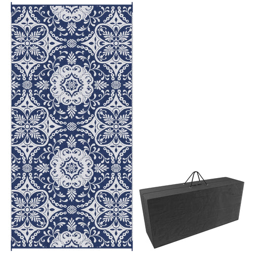 Portable Outdoor Rug, 9' x 18', Waterproof, White Flower, Blue
