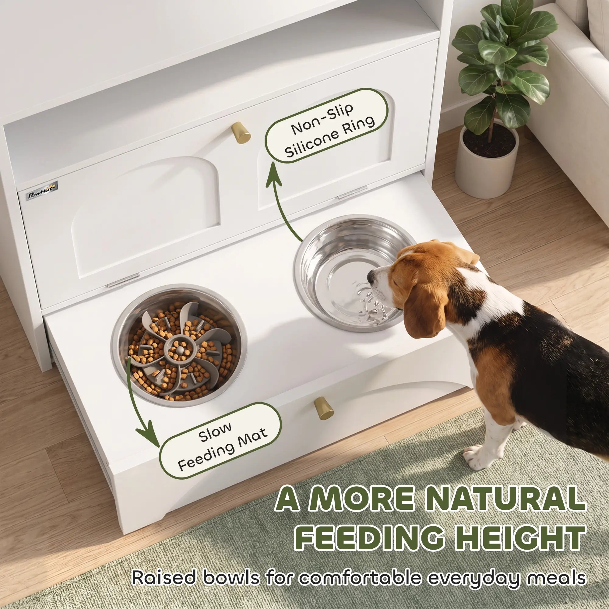Dog Feeding Station, Food Storage Cabinet, 2 Elevated Bowls, White, White Dog Bowls at Gallery Canada