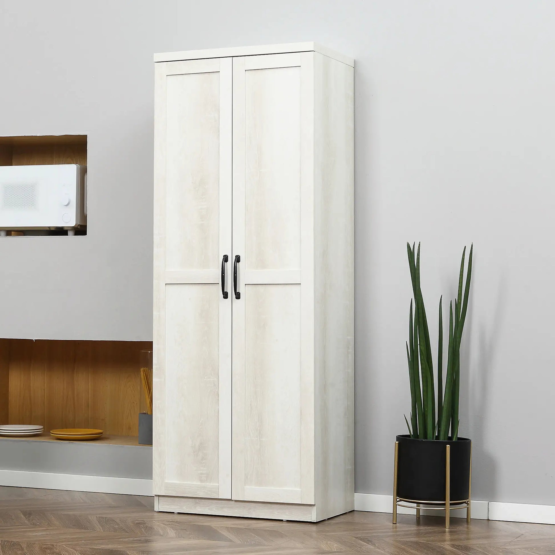 63" Kitchen Storage Cabinet, 5-Tier Pantry with Doors, Adjustable Shelves, Distressed, White Kitchen Pantry Cabinets at Gallery Canada