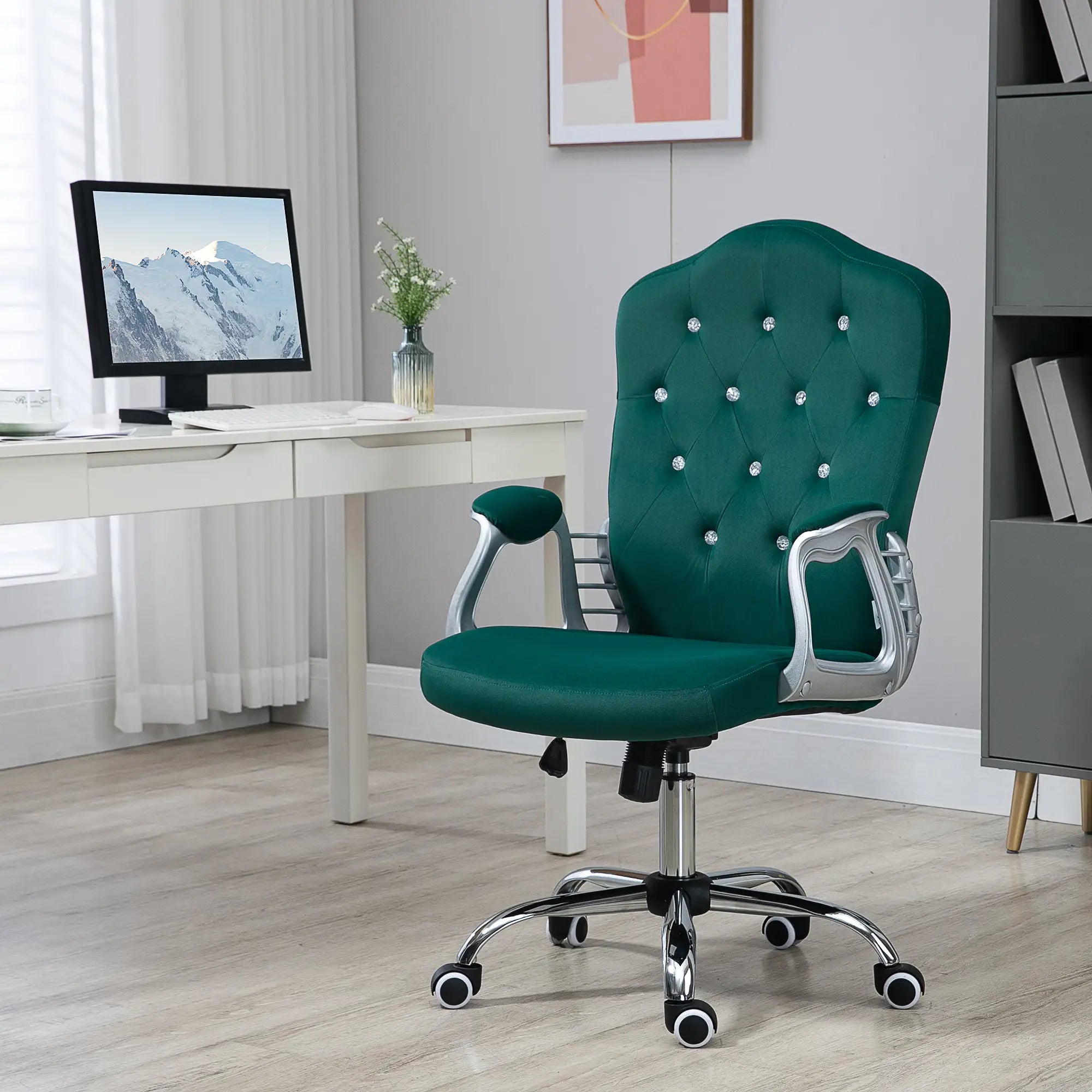 Velvet Computer Chair, Button Tufted, Swivel Wheels, Adjustable Height, Green Executive & Manager Chairs at Gallery Canada
