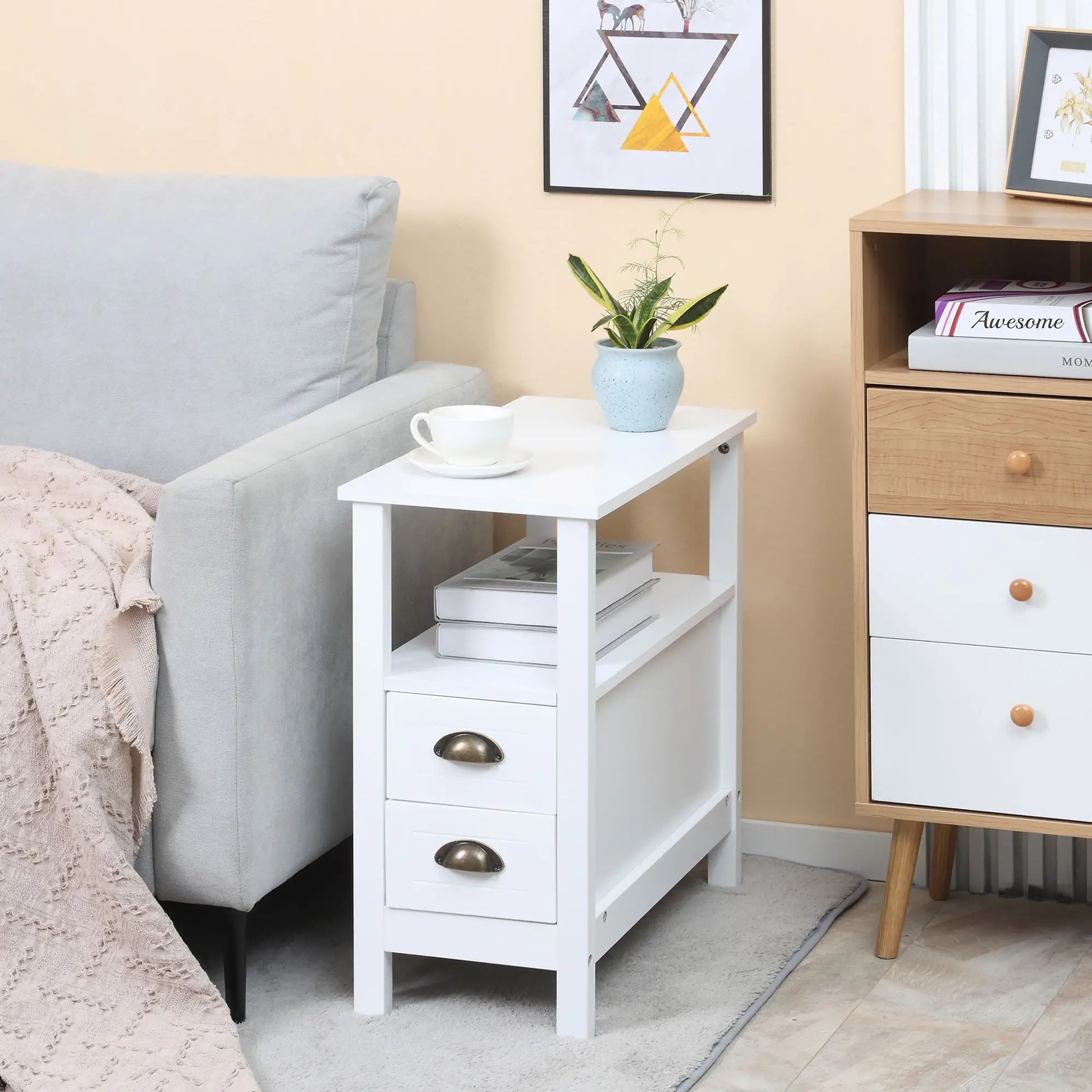 Slim End Table with 2 Drawers, Storage Shelf, White Side Tables at Gallery Canada