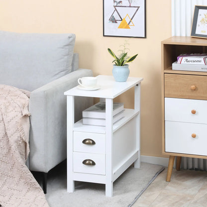 Slim End Table with 2 Drawers, Storage Shelf, White Side Tables at Gallery Canada