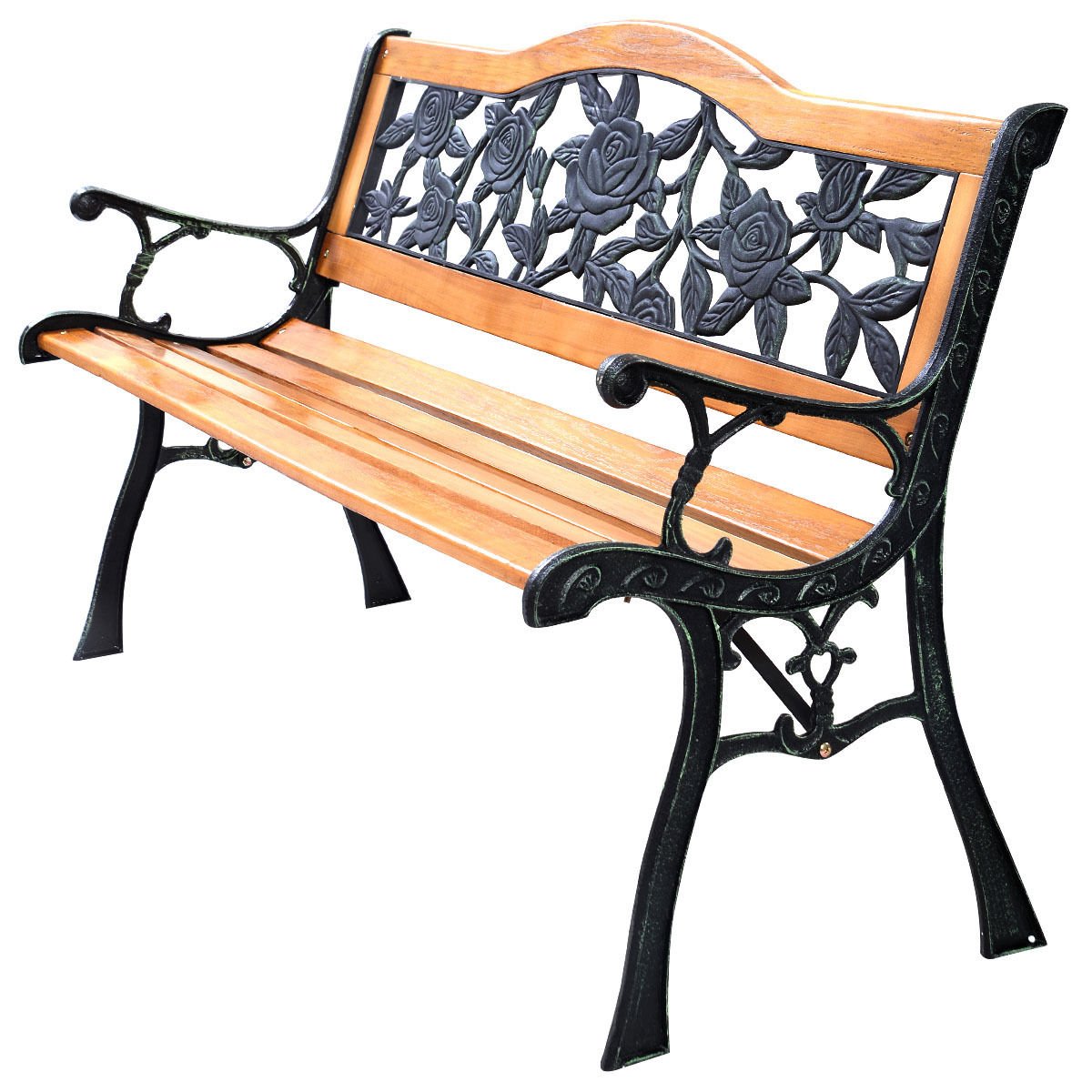 Outdoor Bench Cast Iron Patio Bench with Rose Pattern Backrest, Natural Outdoor Benches at Gallery Canada
