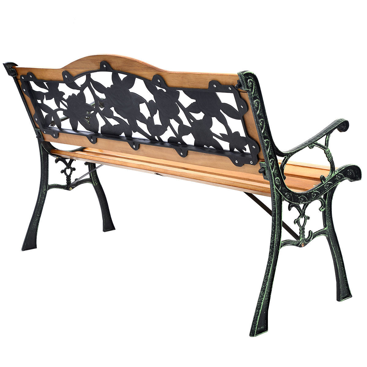 Outdoor Bench Cast Iron Patio Bench with Rose Pattern Backrest, Natural Outdoor Benches at Gallery Canada