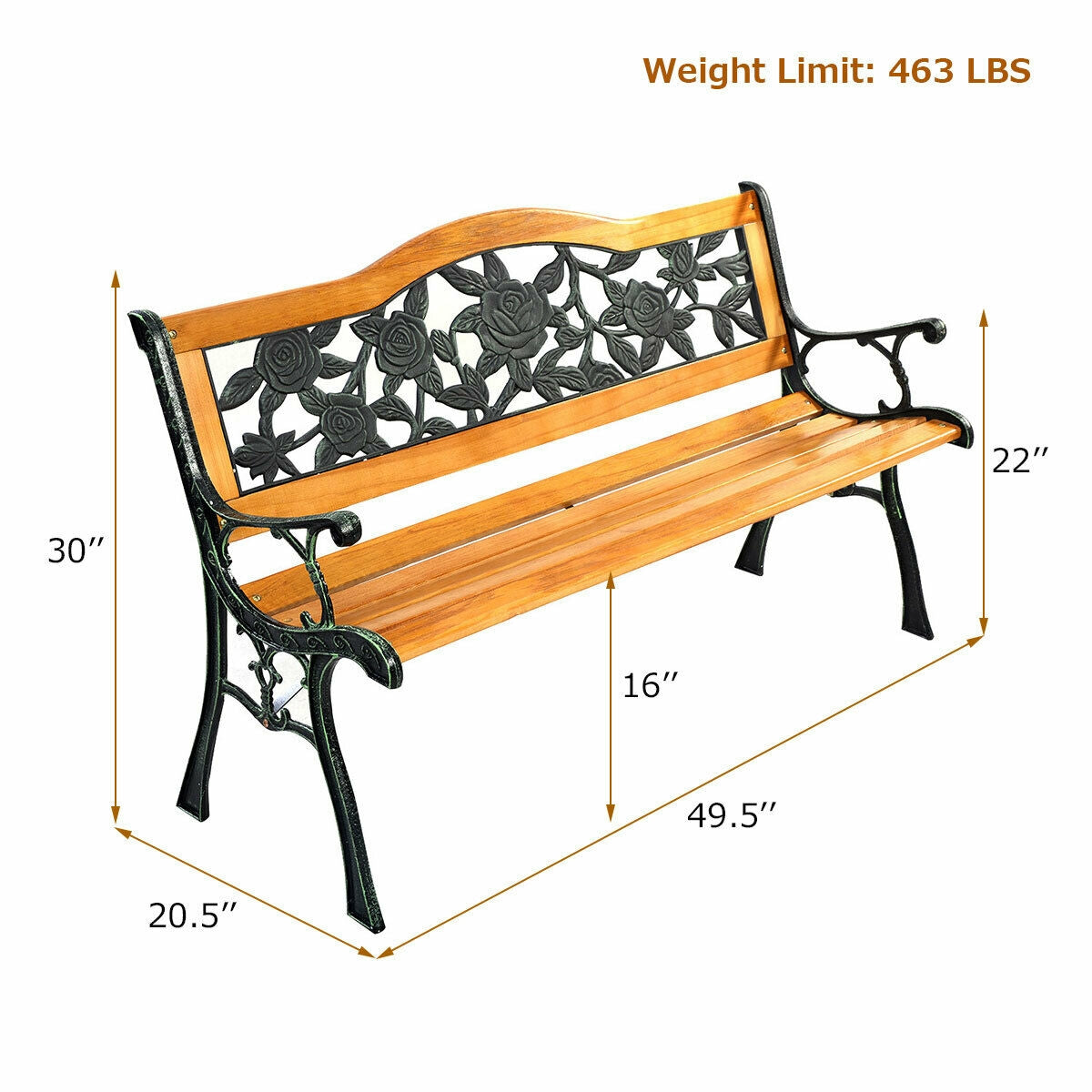 Outdoor Bench Cast Iron Patio Bench with Rose Pattern Backrest, Natural Outdoor Benches at Gallery Canada