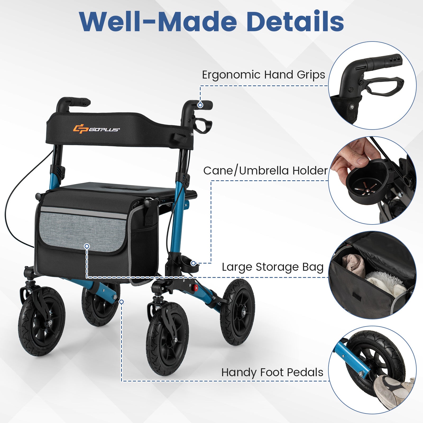 Folding Rollator Walker with Seat for All Terrain seniors, Navy Walkers & Rollators at Gallery Canada