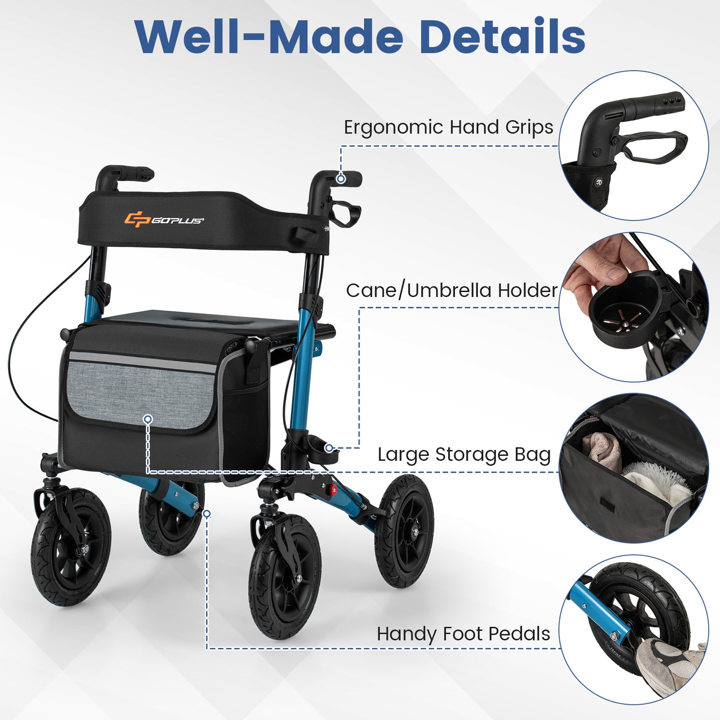 Folding Rollator Walker with Seat for All Terrain seniors, Navy Walkers & Rollators at Gallery Canada