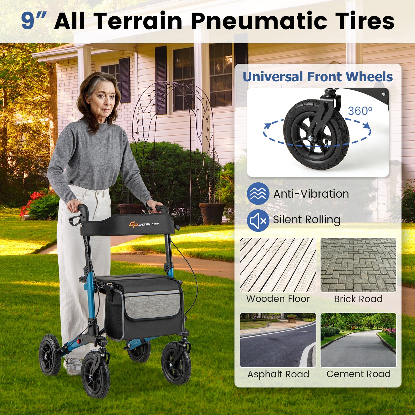 Folding Rollator Walker with Seat for All Terrain seniors, Navy Walkers & Rollators at Gallery Canada