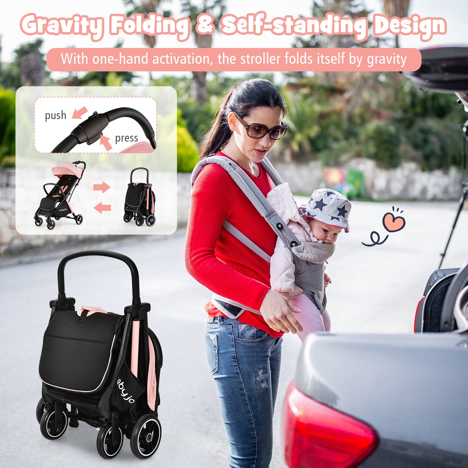 One-Hand Folding Portable Lightweight Stroller with Aluminum Frame, Pink Baby Strollers at Gallery Canada
