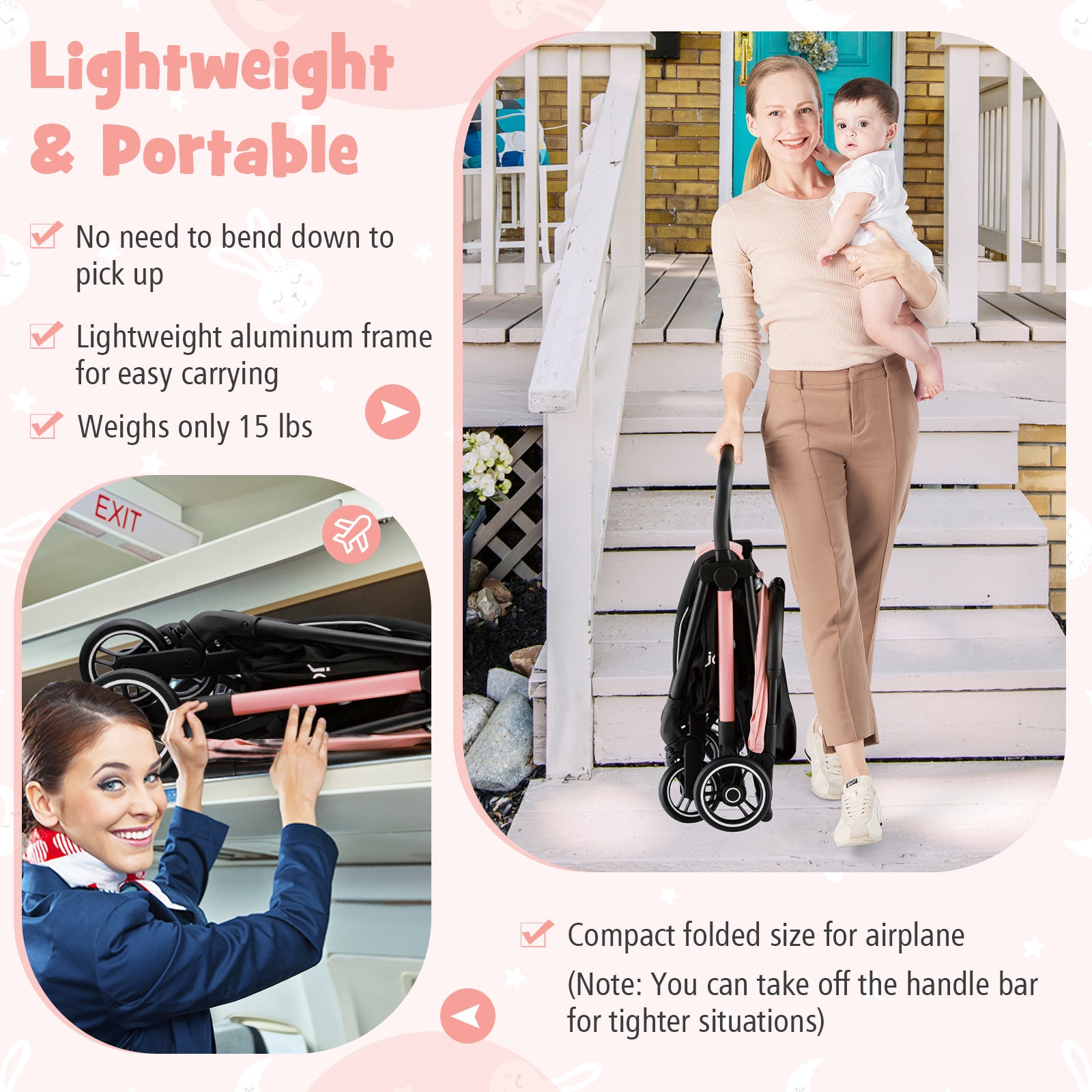 One-Hand Folding Portable Lightweight Stroller with Aluminum Frame, Pink Baby Strollers at Gallery Canada