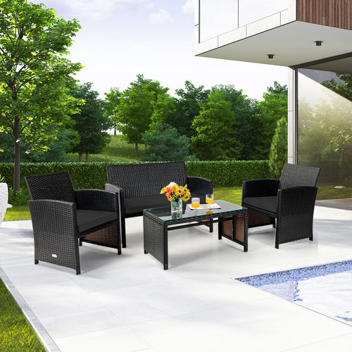 4 Pieces Patio Rattan Cushioned Furniture Set with Coffee Table, Black