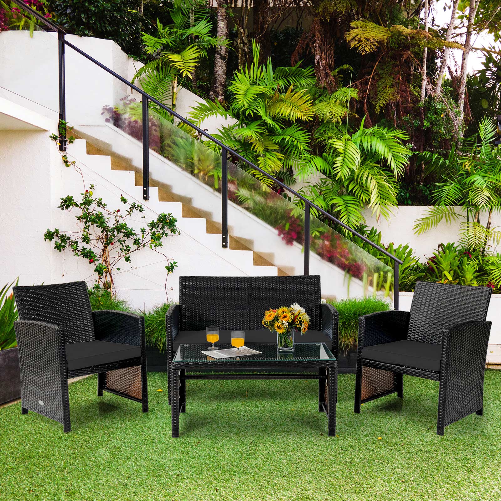 4 Pieces Patio Rattan Cushioned Furniture Set with Coffee Table, Black Patio Furniture Sets at Gallery Canada