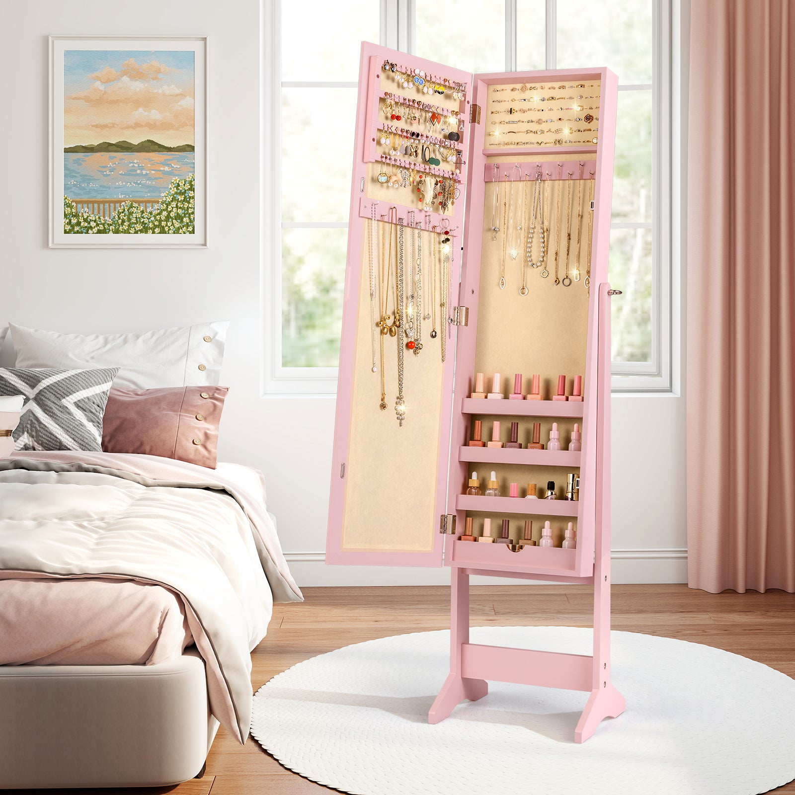 Mirrored Standing Jewelry Cabinet Storage Box, Pink Jewelry Armoires at Gallery Canada